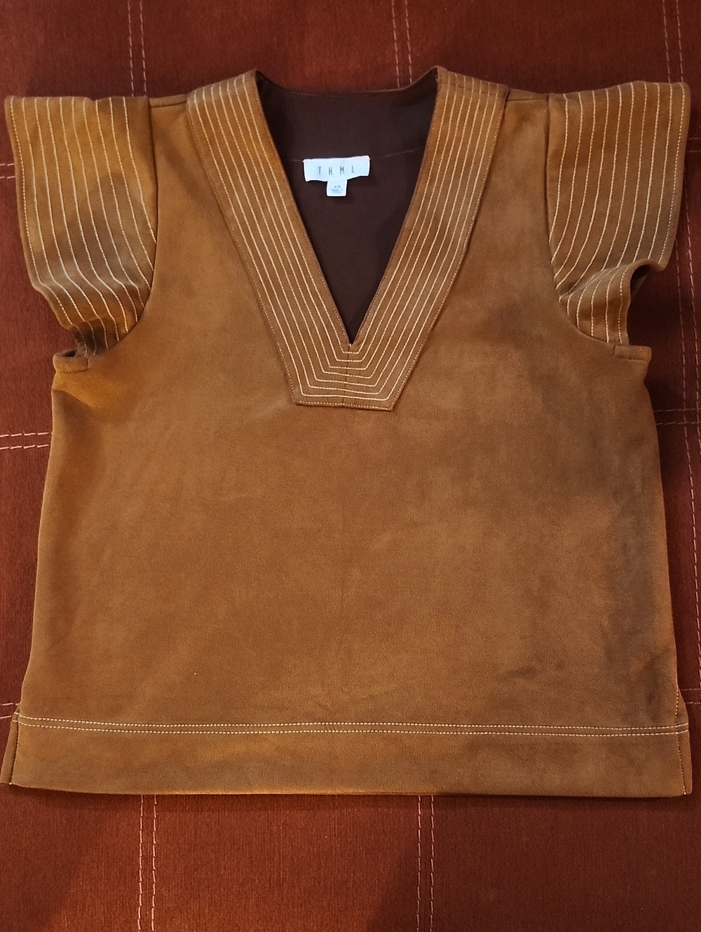 THML Camel Brown Suede V-Neck Short Sleeve Top